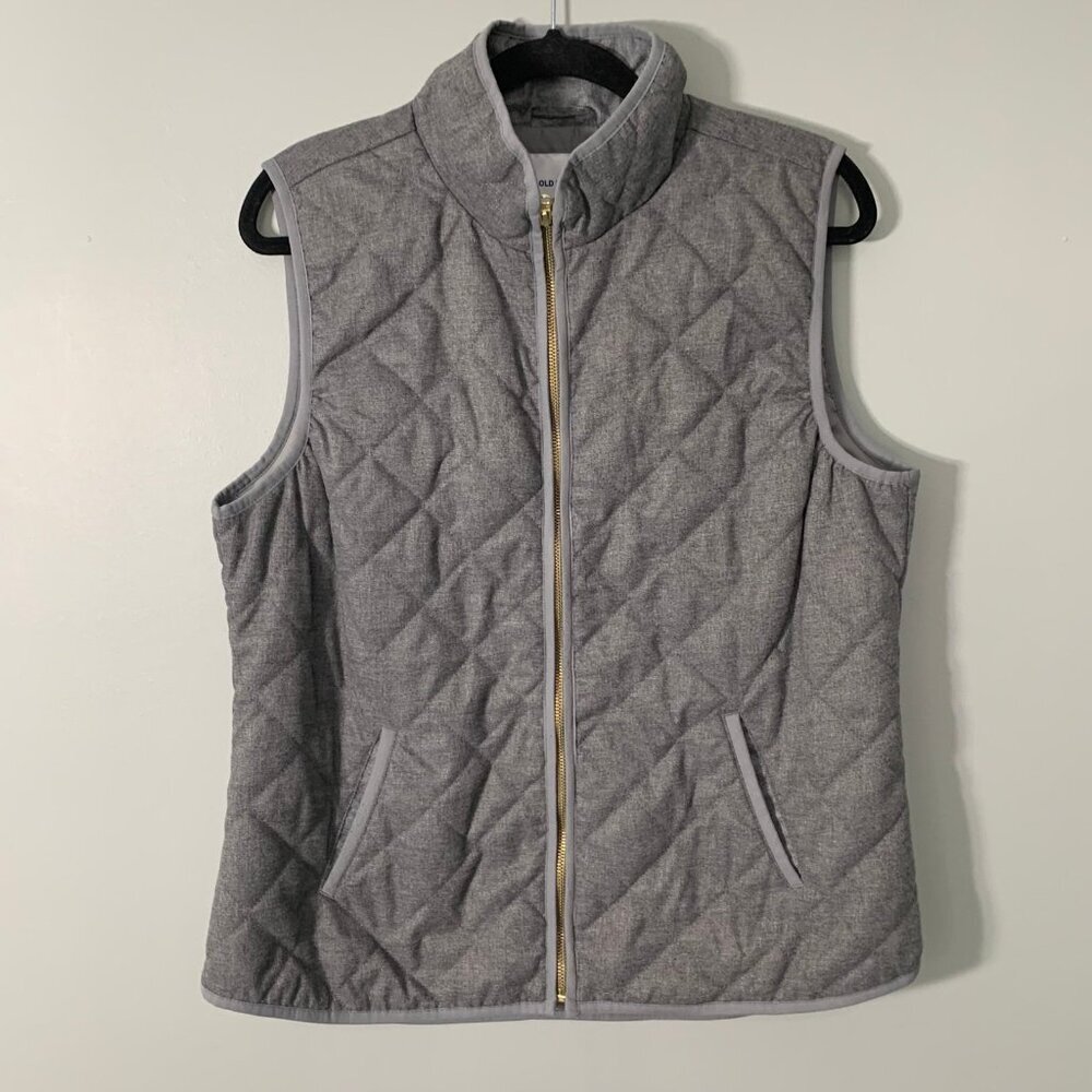 Old Navy Quilted Vest Women Large Gray Diamond Stitch Zip Up Stand Collar